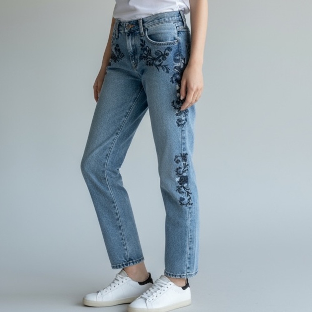 One Teaspoon Light Blue Straight Leg Jeans with Black Floral Embroidery